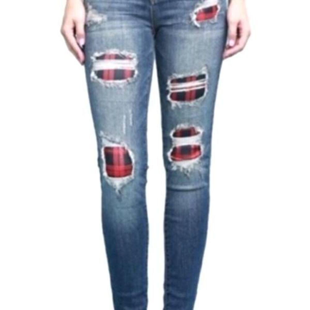Judy Blue Skinny Buffalo Plaid Patch Distressed Jeans Size 5/27